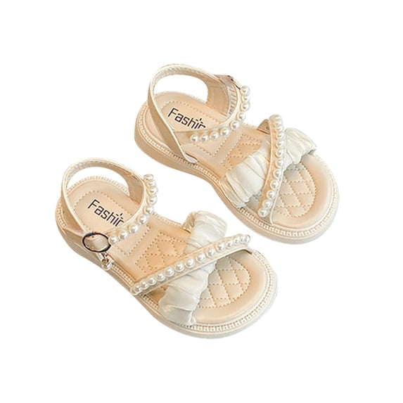 Gyujnb Girls Open Toe Sandals Pearl Decor Ruched Strap Adjustable Buckle Flat Summer Casual Shoes,5.5-6 Years