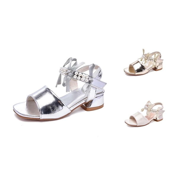 Gyujnb Girls Pearl Bow Low-Heel Sandals Adjustable Strap Comfortable Footbed for Formal Party & Summer Wear,3-4 Years