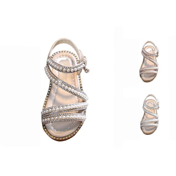Gyujnb Girls Pearl Rhinestone Sandals Cross Straps Open Toe Hook and Loop Princess Shoes for Performance Wedding,10-10.5 Years
