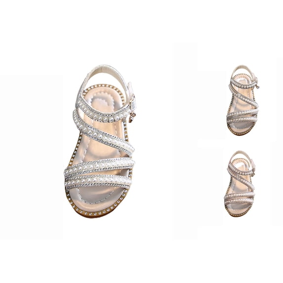 Gyujnb Girls Pearl Rhinestone Sandals Cross Straps Open Toe Hook and Loop Princess Shoes for Performance Wedding,3.5-4 Years