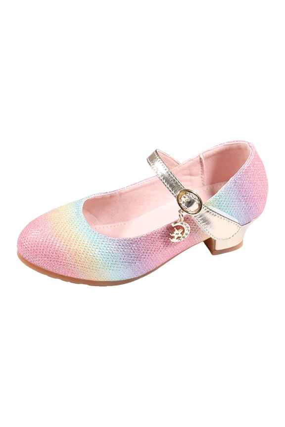 Gyujnb Girls Rainbow Glitter Block Heel Shoes Ankle Strap Princess Dress Shoes for Performance and Party,10.5-11 Years