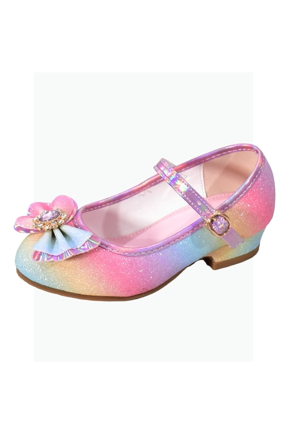 Gyujnb Girls Rainbow Glitter Mary Jane Low Heels Rhinestone Flower Bow Strap Princess Show Shoes, Closed Toe,10-10.5 Years