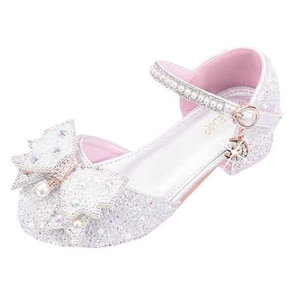 Gyujnb Girls Rhinestone Bow Dress Shoes Buckle Strap Comfortable Casual Shoes,Low Block Heel,Closed Toe (Little Girls, Big Girls),6-7 Years