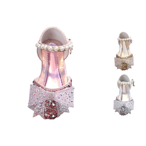 Gyujnb Girls Rhinestone Bow Shoes Pearl Ankle Strap Hook and Loop Princess Shoes for Party Performance Wedding,12-18 Months