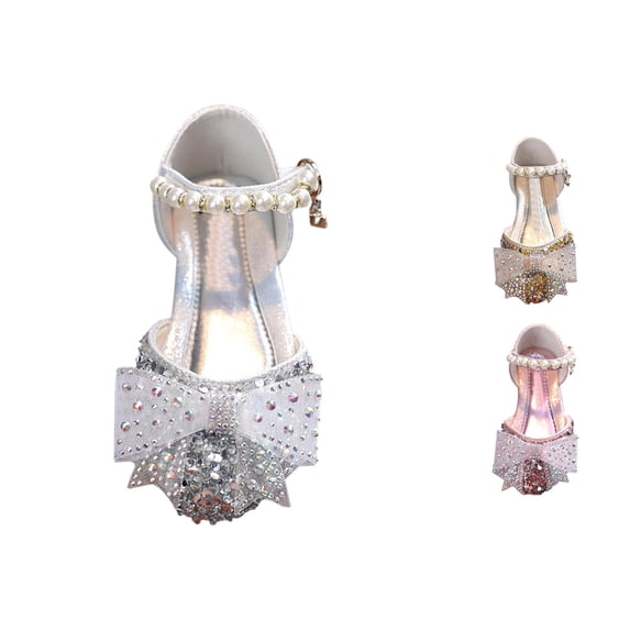 Gyujnb Girls Rhinestone Bow Shoes Pearl Ankle Strap Hook and Loop Princess Shoes for Party Performance Wedding,7-8 Years