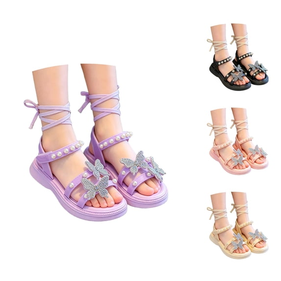 Gyujnb Girls Rhinestone Butterfly Pearl Lace-Up Sandals Non- Soft Sole Summer Casual Beach Shoes,7-8 Years