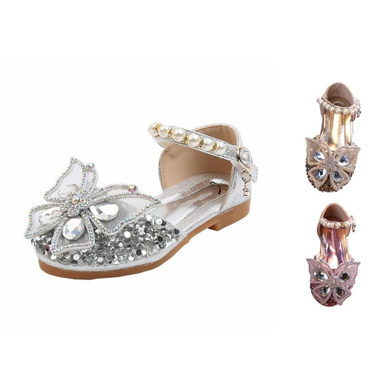 Gyujnb Girls Rhinestone Butterfly Shoes Pearl Ankle Strap Hook and Loop Princess Shoes for Dance Performance Wedding,10.5-11 Years