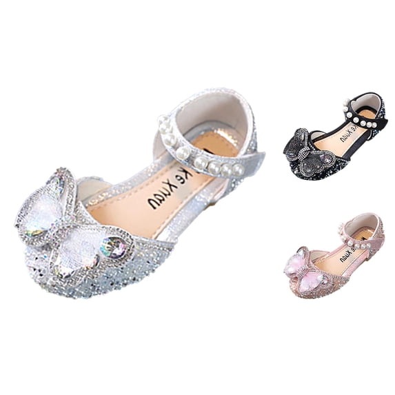 Gyujnb Girls Rhinestone Sandals Bow & Pearl Hook and Loop Lightweight Breathable Princess Shoes,11-11.5 Years