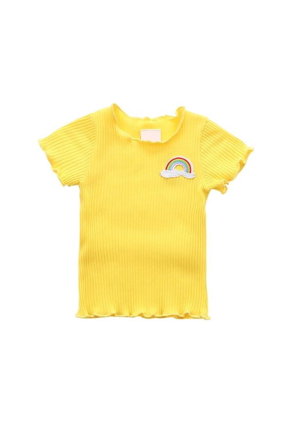Gyujnb Girls Ribbed Knit Short Sleeve Tee with Lettuce Trim and Apple Tree Embroidery Casual Summer Top,18-24 Months