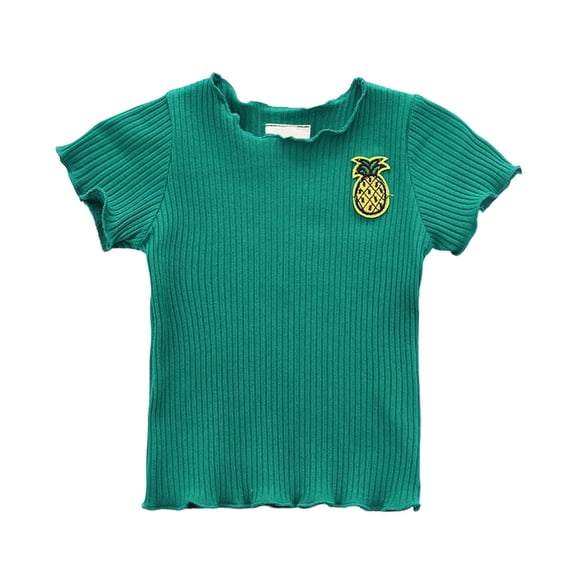 Gyujnb Girls Ribbed Knit Short Sleeve Tee with Lettuce Trim and Apple Tree Embroidery Casual Summer Top,2-3 Years