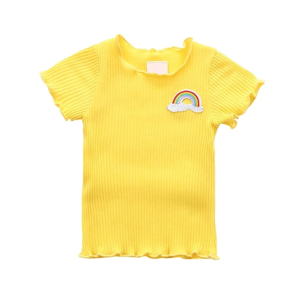 Gyujnb Girls Ribbed Knit Short Sleeve Tee with Lettuce Trim and Apple Tree Embroidery Casual Summer Top,4-5 Years