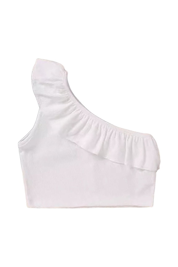 Gyujnb Girls Ribbed One Shoulder Crop Top with Ruffle Trim Sleeveless Casual Dance Wear,2-3 Years