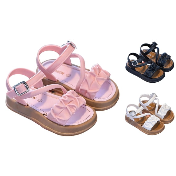 Gyujnb Girls Ruched Open Toe Sandals Adjustable Buckle Non- Soft Sole Summer Casual Beach Shoes,5-5.5 Years