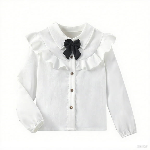 Gyujnb Girls Ruffles Blouse with Lace Trim and Bow Tie Casual Long Sleeve Shirt for Kids Autumn Top Tee for Girls School Outfit,Size:11-12 Years