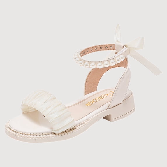 Gyujnb Girls Sandals Pearl Bow Open Toe Sandals with Ankle Strap, Low Heel Casual Dress Sandals (LittleGirls,Big Girls),8-9 Years