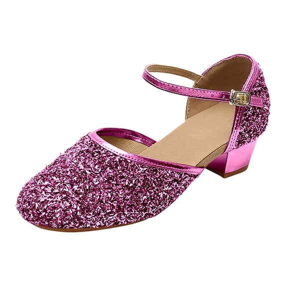 Gyujnb Girls Sequin Dance Shoes Buckle Strap Comfortable Casual Shoes,Low Block Heel,Closed Toe (Girls),2