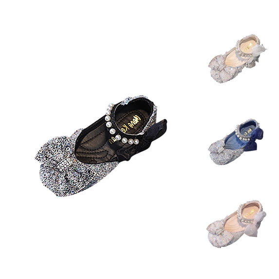 Gyujnb Girls Sequin Mary Jane Shoes Pearl Rhinestone Bow Hook and Loop Flat Princess Shoes for Party Wedding,9