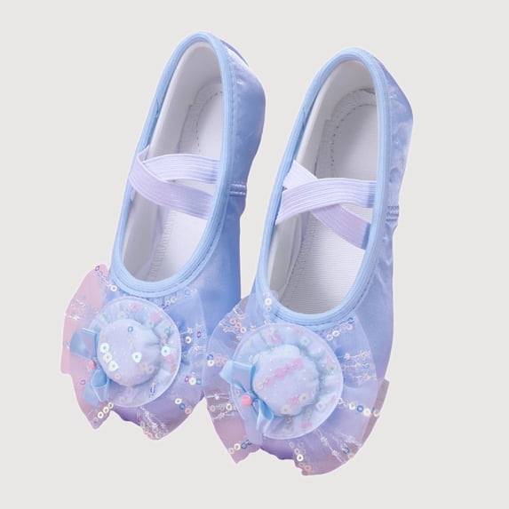 Gyujnb Girls Sequin Mesh Satin Ballet Shoes Soft Sole Dance Footwear,Elastic Strap Closed Toe Practice Shoes (Girls),3.5-4 Years