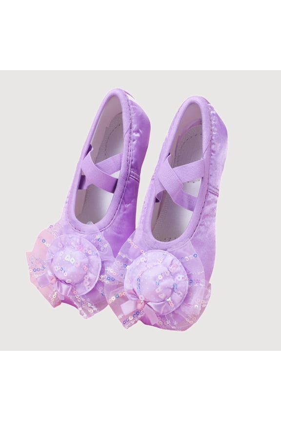 Gyujnb Girls Sequin Mesh Satin Ballet Shoes Soft Sole Dance Footwear,Elastic Strap Closed Toe Practice Shoes (Girls),4.5-5 Years