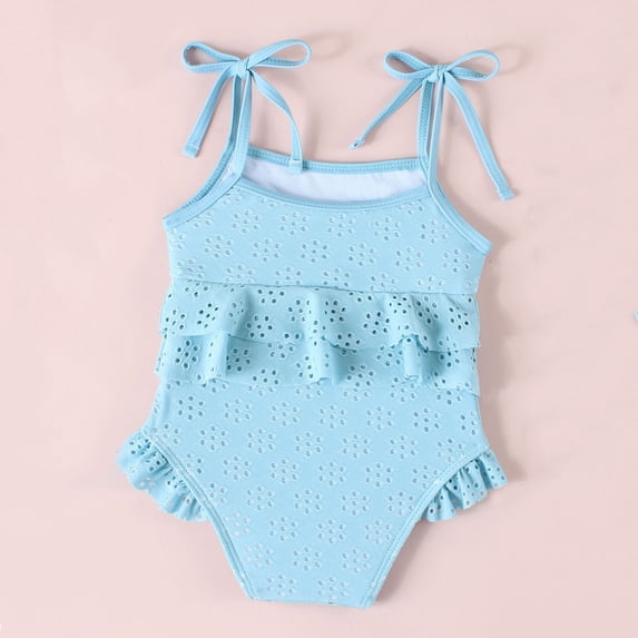 Gyujnb Girls Sleeveless Tie Shoulder One Piece Swimsuit Cute Eyelet Ruffle Lace Soft Cup Casual Kids Beach Bathing Suit,9-15 Months