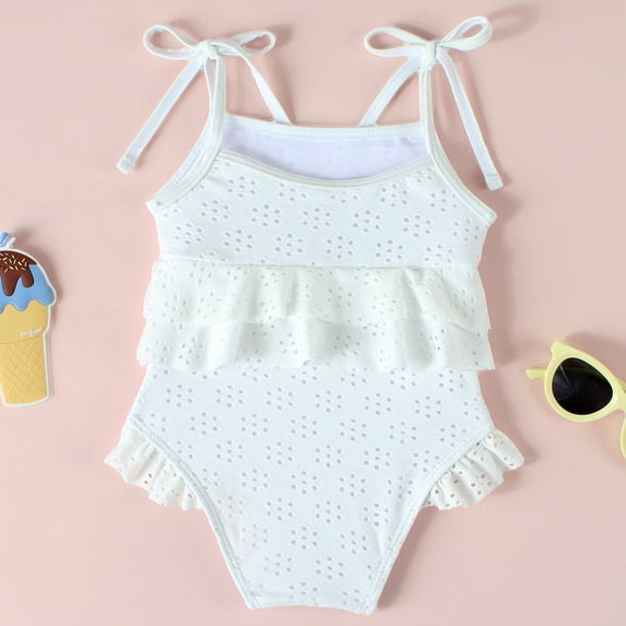 Gyujnb Girls Sleeveless Tie Shoulder One Piece Swimsuit Cute Eyelet Ruffle Lace Soft Cup Casual Kids Beach Bathing Suit,9-26 Months