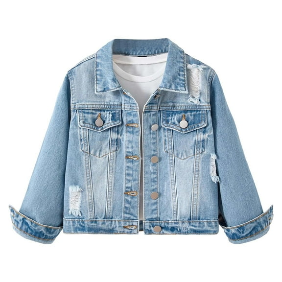 Gyujnb Girls Winter Jacket, Distressed Denim Jacket for Girls with Notched Collar Outerwear for Teen Girls Casual Coat,Size:4-5 Years