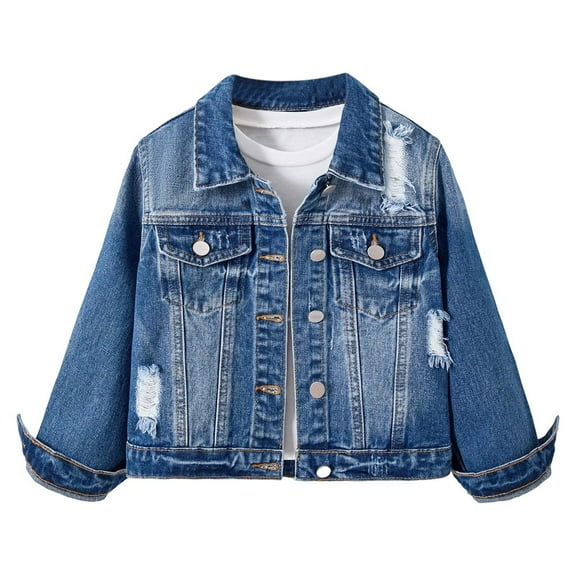 Gyujnb Girls Winter Jacket, Distressed Denim Jacket for Girls with Notched Collar Outerwear for Teen Girls Casual Coat,Size:5-6 Years