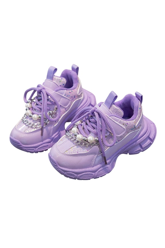 Gyujnb Glitter Pearl Chain Sneakers Hook and Loop Thick Sole Casual Shoes (Little Girls, Big Girls),12