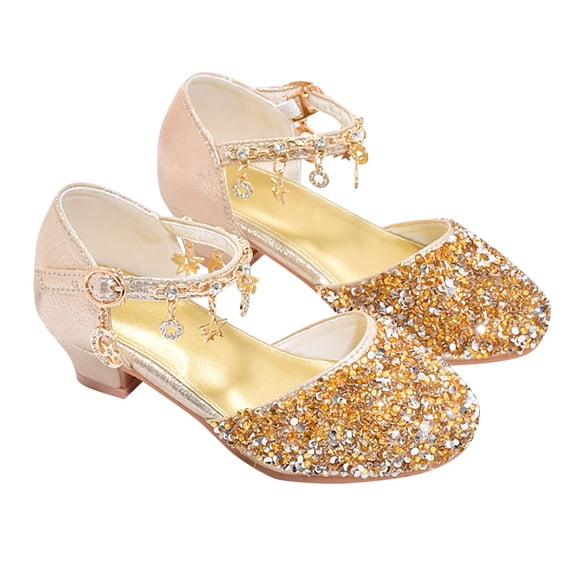 Gyujnb Glitter Rhinestone Low Heel Dress Shoes with Ankle Strap, Square Toe Party Shoes (Little Girls, Big Girls),9.5-10 Years