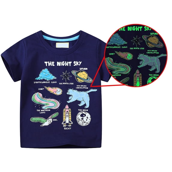 Gyujnb Glow In The Dark Cartoon Print Crew Neck Short Sleeve Tees Casual Summer Tops (Baby, Little Boys),2-3 Years