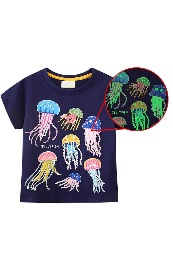Gyujnb Glow In The Dark Cartoon Print Crew Neck Short Sleeve Tees Casual Summer Tops (Baby, Little Boys),3-4 Years