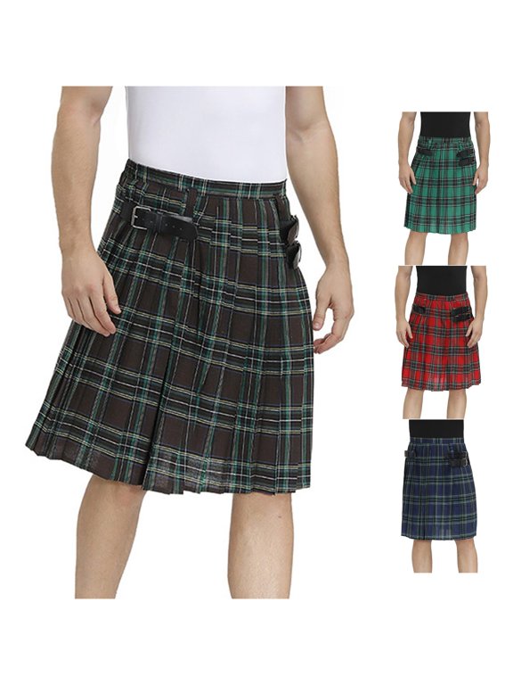 Gyujnb Halloween , Mens Casual Retro Scottish Style Plaid Contrast Waistband Pleated Skirt, Halloween Party Favors