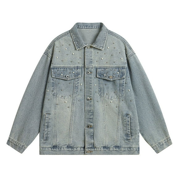 Gyujnb Jackets for Men,Men's Distressed Denim Jacket Casual Loose Fit Style Plaid Coat for Autumn Unisex Outerwear,Winter Coats for Men,Size:M