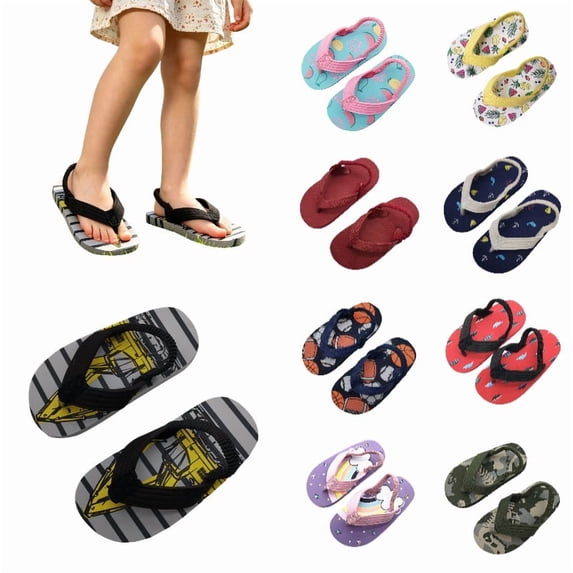Gyujnb Kids Cartoon Print Flip Flops Elastic Strap Non- Water Friendly Summer Beach Shoes,2-2.5 Years