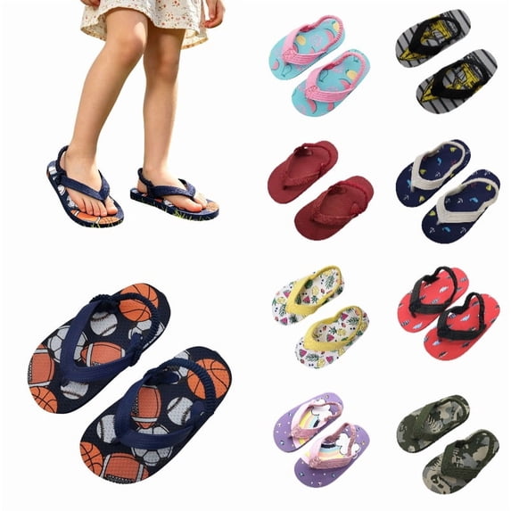 Gyujnb Kids Cartoon Print Flip Flops Elastic Strap Non- Water Friendly Summer Beach Shoes,2-2.5 Years