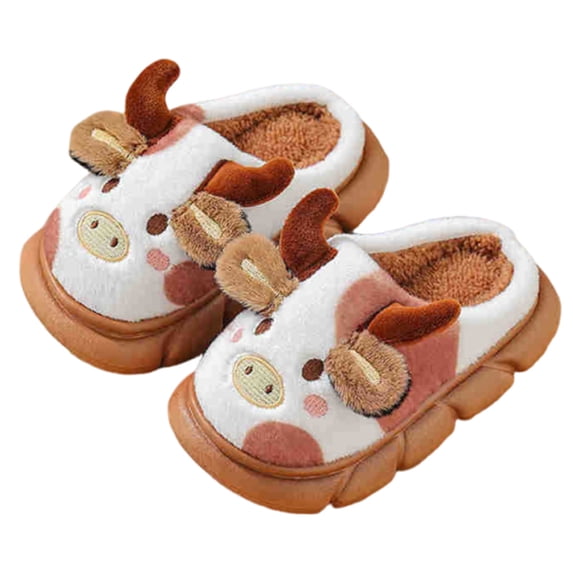 Gyujnb Kids Cotton Slippers Curly Fluffy Plush 3D Cartoon Cow Applique on Open Back Thick Cloud Cushioned Sole Lined Warm Indoor Winter Daily Footwear,6.5