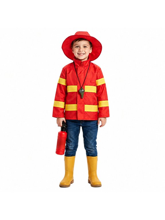 Gyujnb Kids Firefighter Reflective Stripe Zip‑Up Jacket for Halloween Cosplay Great for Trick or Treat Pretend Role‑Play Dress Up Top for Themed Celebration Events,120