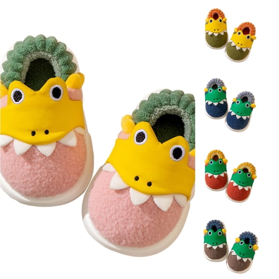 Gyujnb Kids Full Heel Cover on Slippers Cartoon Dinosaur Fuzzy Plush Upper Thick Lined Non Soft Sole Warm Winter Indoor Unisex Cozy Household Footwear,6-7 Years