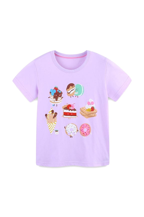 Gyujnb Kids Girls Purple Tee with Funny Sweet Treats Print Cotton Short Sleeve Casual Summer Top,2-3 Years