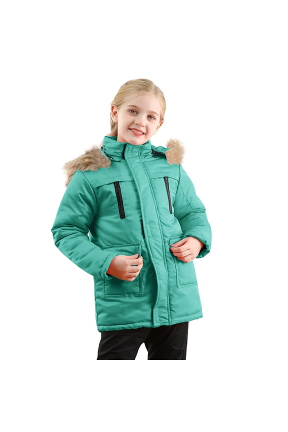 Kids Long Sleeve Coat, Hooded Jacket with Detachable Collar and Pockets, Thick Warm Outwear for Toddler Girls,Size:5-6 Years