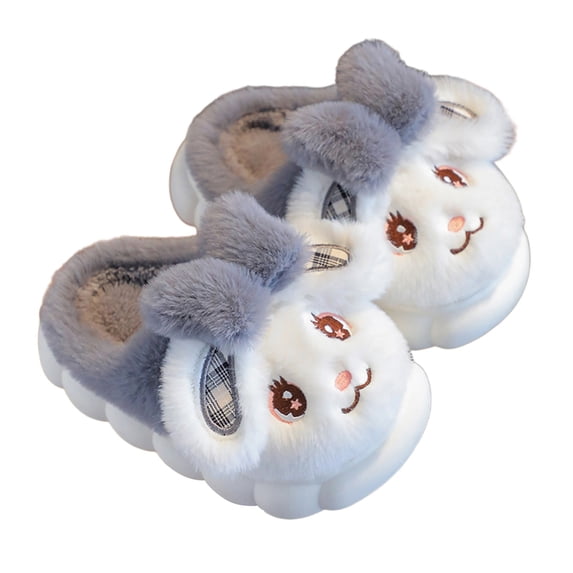 Gyujnb Kids Open Back Slide Slippers 3D Fluffy Bunny Plush Lined Cloud Thick Sole Non Warm Winter Indoor Unisex Home Footwear,8-9 Years
