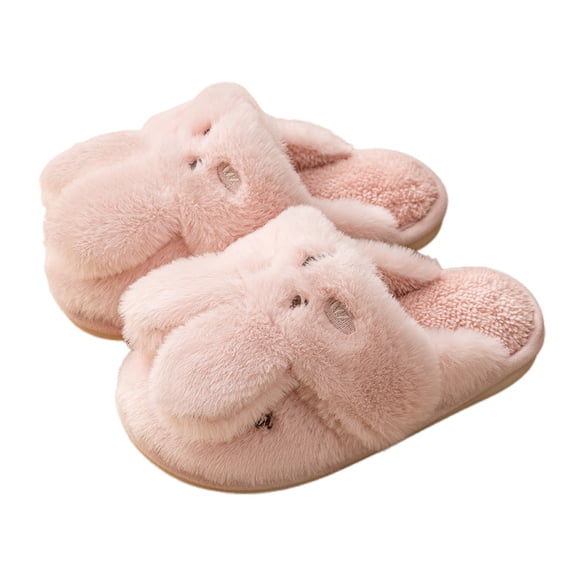 Gyujnb Kids Open Back Slide Slippers 3D Fluffy Bunny Plush Lined Soft Flat Non Warm Winter Indoor Unisex Home Footwear,12-13 Years