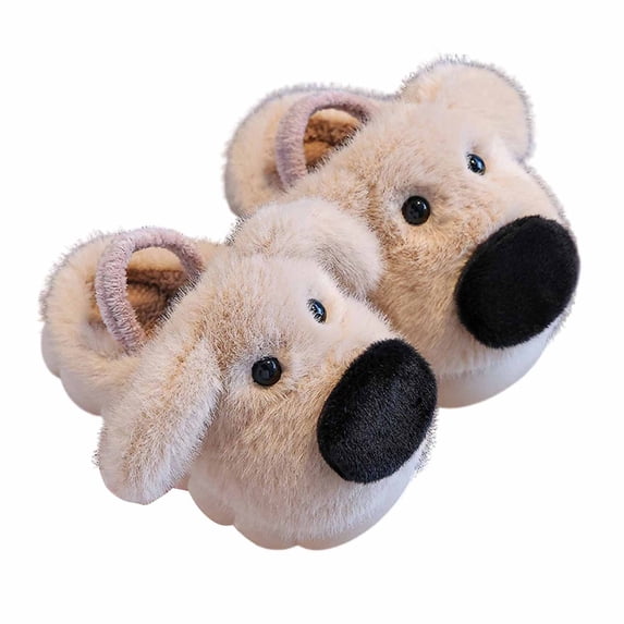 Gyujnb Kids Open Back Slide Slippers 3D Fluffy Puppy Dog Plush Design Adjustable Anti-drop Back Strap Lined Non Warm Winter Indoor Unisex House Footwear,2.5-3 Years