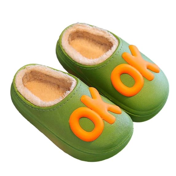 Gyujnb Kids Open Back Slide Slippers 3D Letter Decor Waterproof Shell Plush Lined Non Thick Sole Parent Child Indoor Outdoor Warm Unisex Stylish Household Footwear,10-11 Years