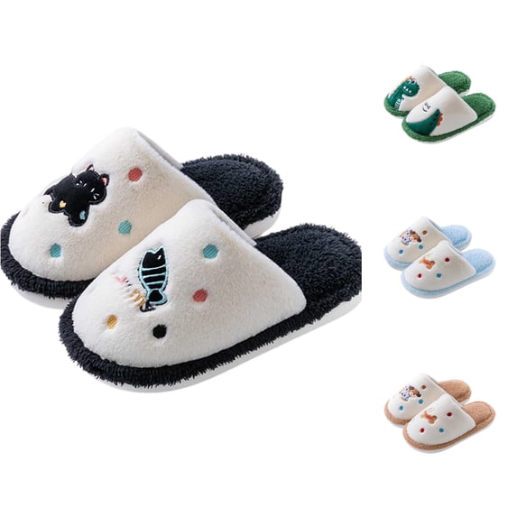 Gyujnb Kids Open Back Slide Slippers Cartoon Cat Fish Bone Dot Embroidery Fluffy Plush Lined Non Warm Winter Indoor Unisex Home Footwear,9-9.5 Years
