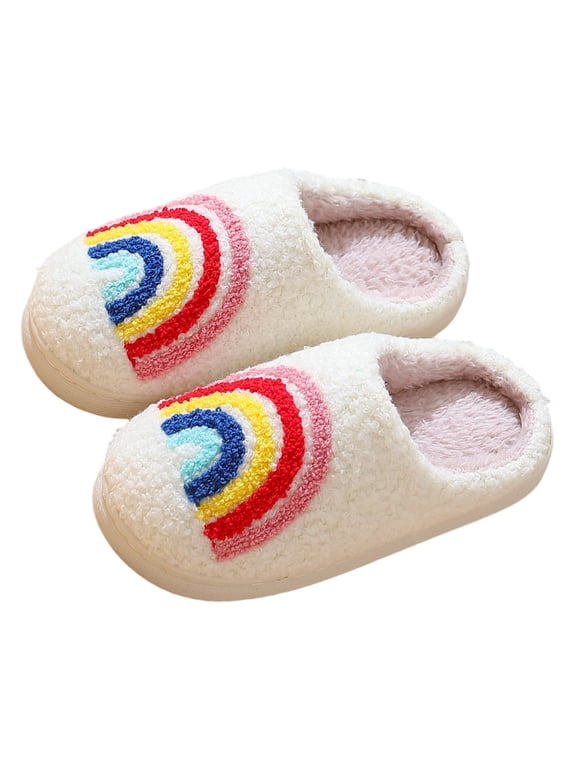 Gyujnb Kids Open Back Slide Slippers Colorful Rainbow Embroidery Towel Plush Lined Soft Non Warm Winter Indoor Unisex Cozy Home Footwear,4-5 Years