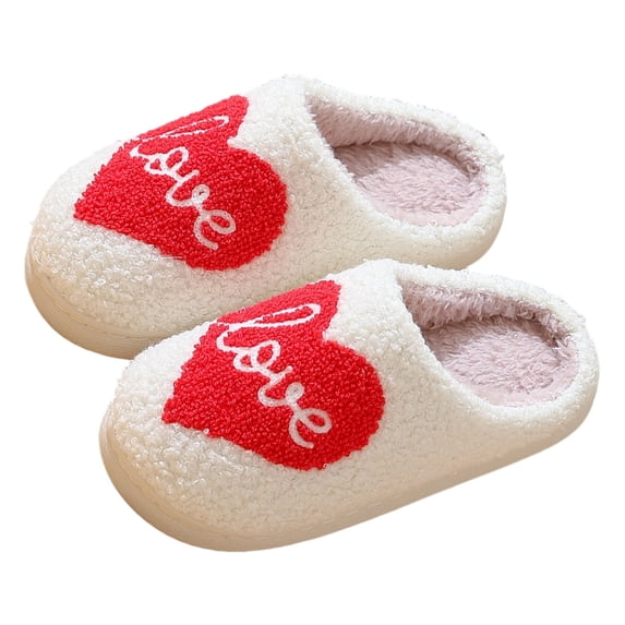 Gyujnb Kids Open Back Slide Slippers Heart Love Embroidery Towel Plush Lined Soft Non Warm Winter Indoor Unisex Cozy Home Footwear,7-9 Years