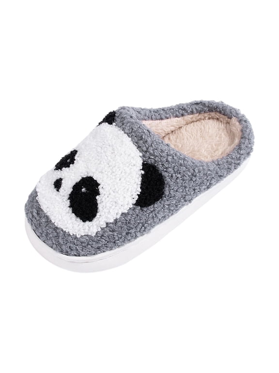 Gyujnb Kids Open Back Slippers Fluffy Plush Panda Embroidery Lined Lightweight Non Warm Winter Unisex Indoor House Footwear,9-10 Years