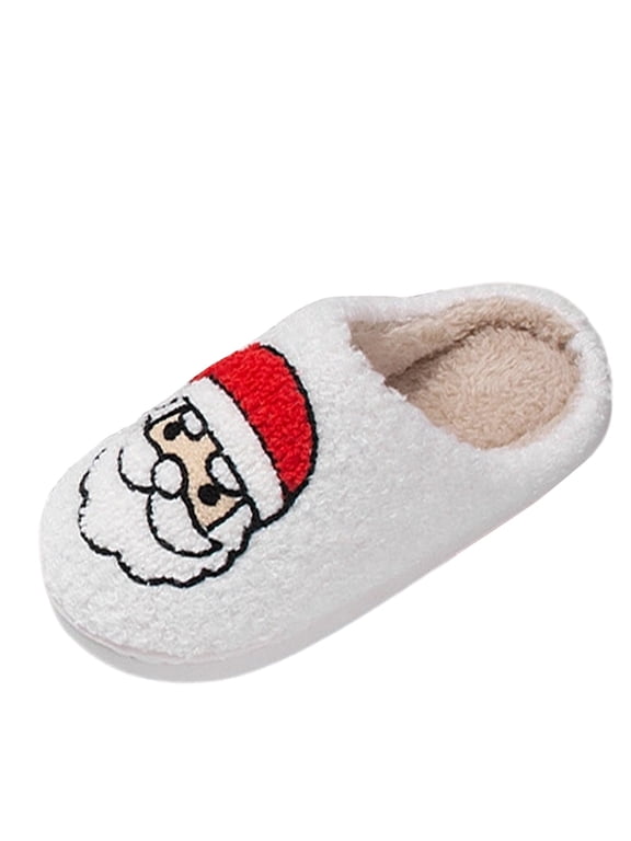 Gyujnb Kids Open Back Slippers Fluffy Plush Santa Embroidery Lined Lightweight Non Warm Holiday Winter Indoor House Footwear,8-9 Years