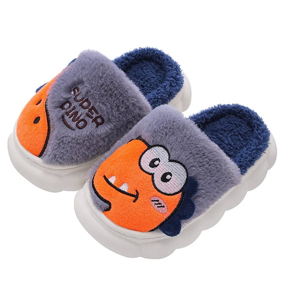Gyujnb Kids Open Toe Slide Slippers Cartoon Dinosaur Embroidery Plush Lined Cloud Thick Sole Non Warm Winter Indoor Unisex Footwear,12